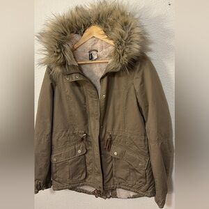 Divided tan faux fur hood jacket